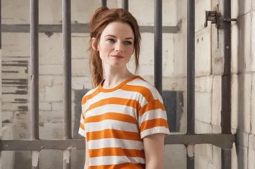 horizontal stripes,striped background,prisoner,liberty cotton,stripes,long-sleeved t-shirt,orange,girl in t-shirt,isolated t-shirt,pippi longstocking,prison,sigourney weave,daisy 2,striped,cotton top,nora,katniss,british actress,mary jane,lori,Photography,Realistic