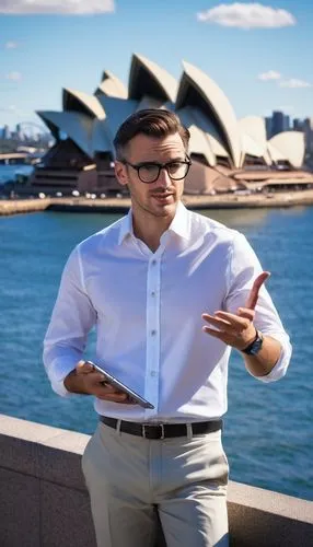 Sydney, modern architecture, sleek lines, reflective glass, steel beams, urban landscape, cityscape, skyscraper, 30s, male, bespectacled, short brown hair, casual business attire, white shirt, dark bl