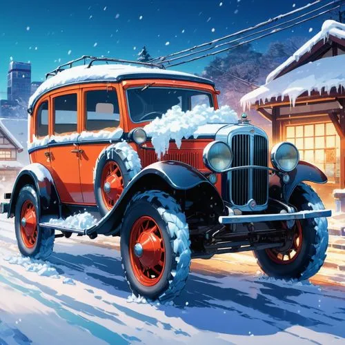 christmas retro car,christmas car,snow scene,christmas cars,winter tires,snowplow,Illustration,Japanese style,Japanese Style 03