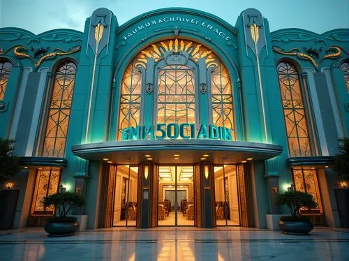 Art Deco football stadium, luxurious, ornate details, curved lines, geometric patterns, metallic materials, grand entrance, majestic facade, intricately designed gates, shiny chrome accents, sunburst 