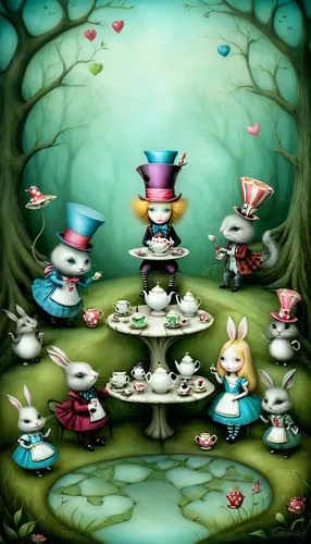 alice in wonderland,tea party collection,tea party,cake stand,tea party cat,tea service,tea cups,teacup arrangement,wonderland,cupcake background,tea set,alice,fairytale characters,fairy forest,teacup,coffee tea illustration,children's background,high tea,tea time,fairy world,Illustration,Abstract Fantasy,Abstract Fantasy 06