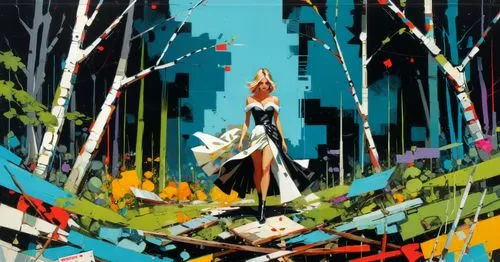 an abstract painting of a woman walking in the woods,dubbeldam,tanabata,girl on the river,fisherwoman,canoe,kupala,the blonde in the river,kizu,digital illustration,transistor,girl on the boat,fairy w