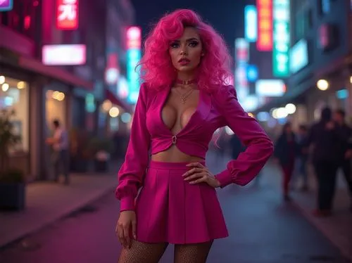 Fuchsia colored, bold statement, vibrant hair, curly hairstyle, bright makeup, glossy lips, bold eyeliner, glamorous eyes, low-cut top, high-waisted mini skirt, fishnet stockings, stiletto heels, conf