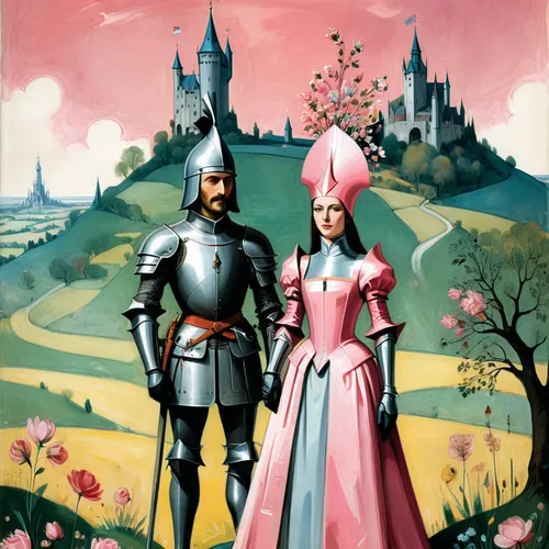 couple of woman in medieval dress with high cap headdress and knight in armor with open visor holding bouquet of flowers standing next to each other, storybook illustration, Terry Oakes, tumblr, forma