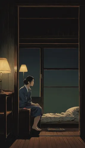 studio ghibli,loneliness,japan's three great night views,to be alone,longing,japanese-style room,shirakami-sanchi,evening atmosphere,atmosphere,overlook,blue room,empty room,lonliness,ryokan,solitude,emptiness,capsule hotel,thunderstorm mood,the horizon,nowhere,Illustration,Japanese style,Japanese Style 17