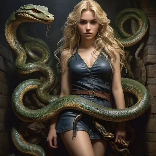 Jeune femme blonde 20 ans avec des serpents ,serpent,pointed snake,rat snake,medusa,snake charming,serpentes,fantasy art,african house snake,rattlesnake,fantasy portrait,black snake,anaconda,snakes,ki