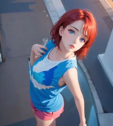 a photography of a beautiful caucasian girl 23 years old, red hair, blue eyes, red lips and glass wearing a blue top and pink shorts stand up in a street at sunset,a girl with red hair is posing on th