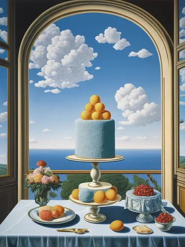 surrealism,morning illusion,surrealistic,fruit plate,cream tea,breakfast table,afternoon tea,food table,tearoom,high tea,fruit bowl,culinary art,meticulous painting,optical illusion,still-life,chinaware,fractals art,still life,food collage,tableware,Art,Artistic Painting,Artistic Painting 06