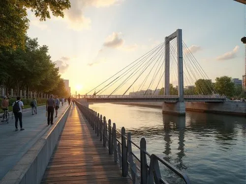 Minimalist pedestrian bridge, sleek steel beams, simple cable-stayed design, clean lines, geometric shapes, subtle curves, modern urban setting, cityscape, riverbank, sunset, warm ambient light, long 