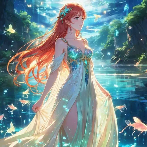 rusalka,nami,fantasia,lilly of the valley,water nymph,water-the sword lily,flora,luminous,fae,lily of the field,vanessa (butterfly),merida,radiant,asuka langley soryu,sun bride,flower fairy,fairy queen,fairy world,celtic queen,enchanted,Illustration,Japanese style,Japanese Style 03