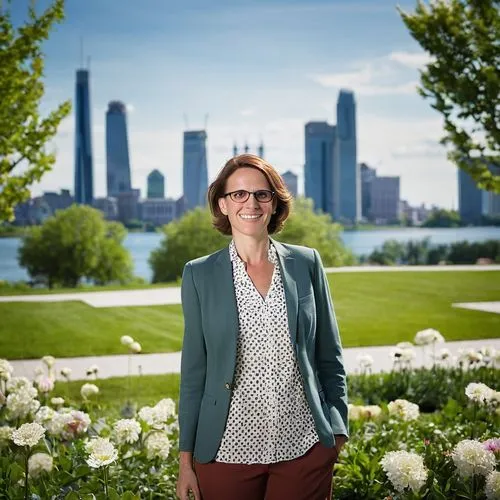 Andrea Cochran, female landscape architect, 30s, professional attire, glasses, short brown hair, gentle smile, standing in front of a large-scale model of a city park, hands behind back, urban plannin