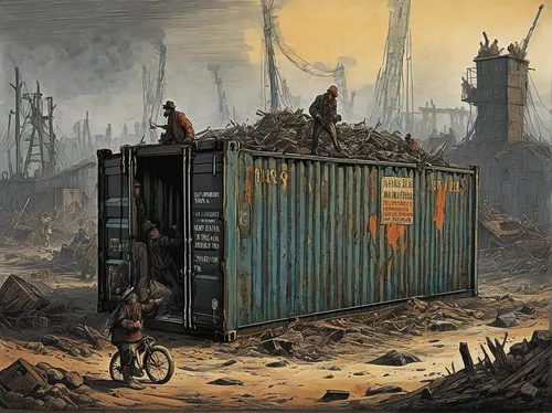 In a post-apocalyptic world, survivors find hope in a locked steel container.,scrap iron,cargo containers,post-apocalyptic landscape,post-apocalypse,scrap collector,post apocalyptic,boxcar,scrap deale