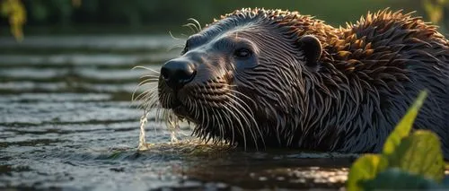 Muscular buffalo otter, solo, riverbank, sunset time, golden fur, detailed whiskers, wet nose, shiny eyes, strong jaws, water splashing, ripples on the water surface, lush green plants, vines tangled 