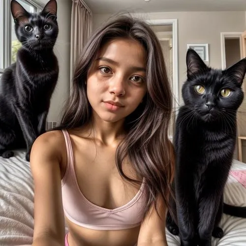 She is in front wearing shorts and a pink top.  Taking a selfie of herself.  Behind her on the bed, lies a black cat.  looking at her,cat family,kittani,cat lovers,kitties,family portrait,felines,catz