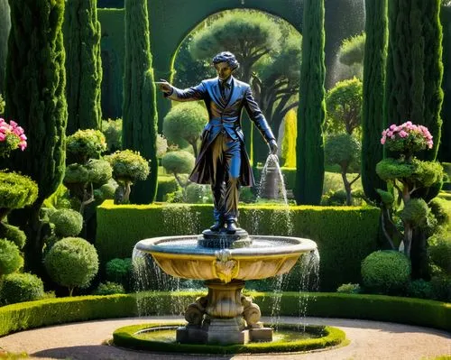 a magician performs a show of light deception in a mystical atmosphere of the play of light and shadow,there is a sculpture of a man in the middle of this garden,garden of the fountain,mozart fountain