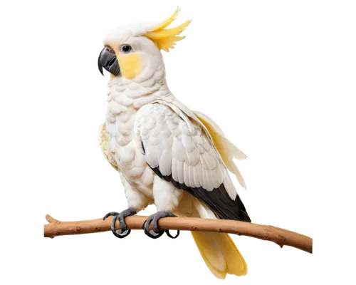 Sulphur-crested cockatoo, white feathers, vibrant yellow crest, black beak, playful eyes, perched, solo, studio background, soft focus, shallow depth of field, warm lighting, 3/4 composition, gentle p