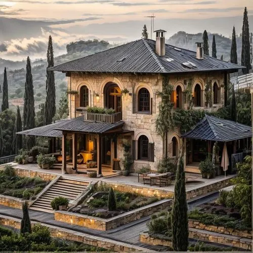 Realistic like a professional photographer masterpiece ,a large building with many windows and bushes in front of it,tuscany,tuscan,toscane,luxury home,mansion,luxury property,Architecture,General,Mod