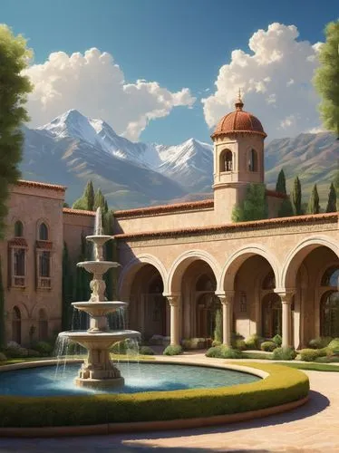 naboo,rivendell,dorne,theed,persian architecture,gondolin,monastery,alhambra,kashan,alcazar,spa water fountain,landscape background,monasteries,beautiful buildings,cloistered,country estate,water fountain,caravanserais,water palace,caravanserai,Conceptual Art,Sci-Fi,Sci-Fi 16