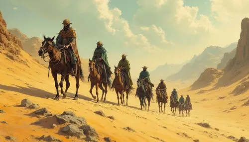 camel caravan,samarra,guards of the canyon,fremen,semidesert,gobi desert,Illustration,Realistic Fantasy,Realistic Fantasy 29