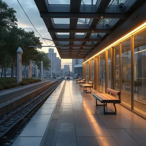 Modern tram station, international style, futuristic architecture, clean lines, minimal ornamentation, functionality emphasized, sleek glass walls, steel beams, minimalist benches, LED lighting, refle