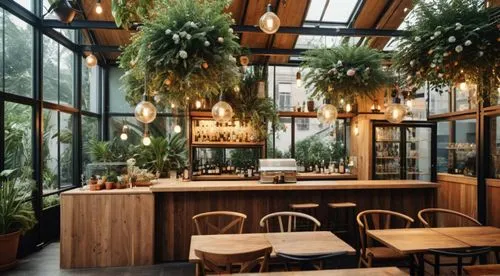 restaurant

Interior

Steel frame construction +  Glass

Colors: Ligth Pink, Light Green, Pine wood.
,the interior of a restaurant filled with greenery,wintergarden,herbology,winter garden,roof garden