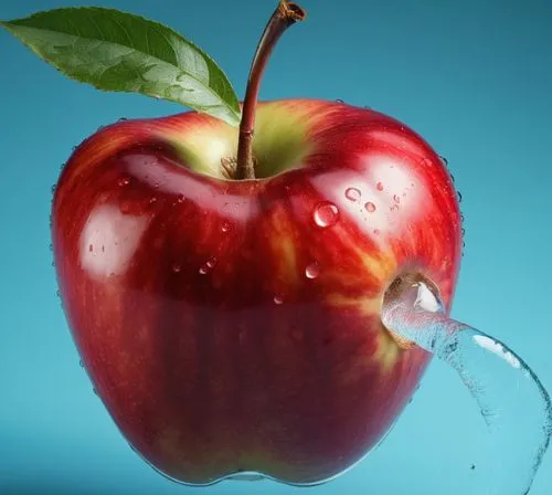 image of a punctured apple with water coming out of the hole,a red apple being poured into water,apple logo,apfel,manzana,red apple,ripe apple,jew apple,Photography,General,Realistic