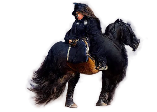 Galloping horse, majestic, powerful muscles, shiny black coat, flowing mane, energetic posture, dynamic movement, open mouth, nostrils flaring, detailed eyes, saddle on back, rider's legs wrapped arou