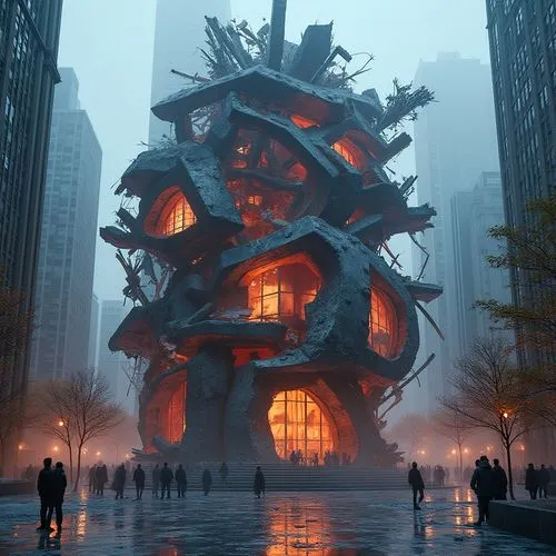 futuristic architecture,heatherwick,drip castle,syringe house,3d fantasy,cubic house,steel sculpture,burning man,crooked house,graecorum,arcology,kimmelman,fantasy city,pigeon house,strange structure,lair,lovecraftian,asian architecture,futuristic art museum,toroid,Photography,General,Realistic