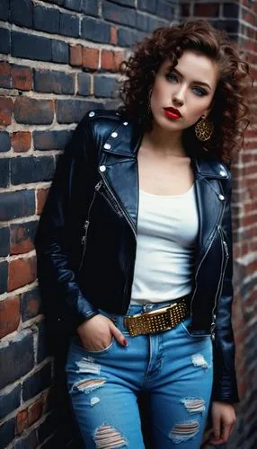 jeans background,retro woman,retro women,denim background,leather jacket,plus-size model,retro girl,portrait background,denim,vintage woman,jean jacket,rockabilly style,female model,brick wall background,denim jacket,brick background,leather,tori,femme fatale,50s,Photography,Fashion Photography,Fashion Photography 20