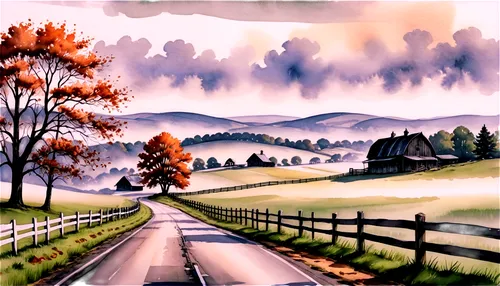 watercolor background,autumn landscape,fall landscape,watercolor,watercolor painting,rural landscape,landscape background,autumn scenery,foggy landscape,watercolor sketch,small landscape,landscape,home landscape,watercolour,autumn mountains,country road,autumn background,farm landscape,mountain road,autumn day,Illustration,Black and White,Black and White 34