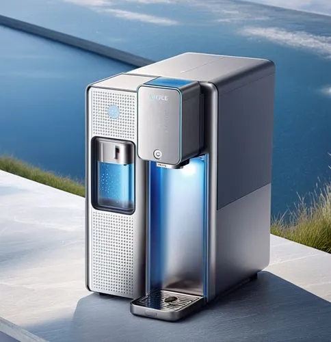 一款饮水机，高端的银灰色质感,a 3d rendering of an ice dispenser on the top of a mountain overlooking the ocean,water dispenser,sodastream,watercooler,paykel,grundfos,dehumidifiers,Photography,General,Natural