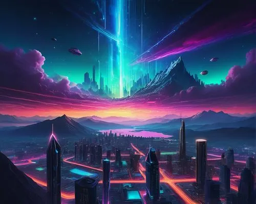 futuristic landscape,alien world,space art,alien planet,fantasy landscape,scifi,vast,fantasy city,neon arrows,sci - fi,sci-fi,3d fantasy,planet alien sky,vapor,sci fiction illustration,cityscape,music background,meteor,aurora,spectrum,Illustration,Abstract Fantasy,Abstract Fantasy 06