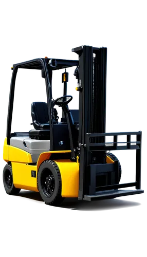 Forklift, yellow body, metal material, industrial setting, detailed wheels, hydraulic system, warning lights, operator cabin, reflective vest, serious expression, hands on controls, 3/4 composition, s