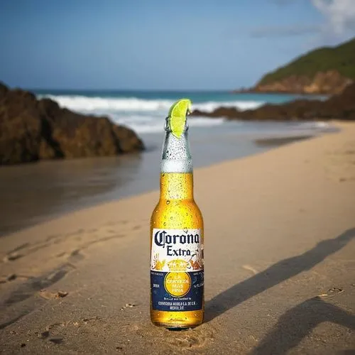 ambiente natureza na praia guarda sol da cerveja corona , o brilho do sol alinhando com a garrafa  , bela atmosfera  dentro da garrafa da cerveja corona misturando em sintonia  , propaganda da corona 