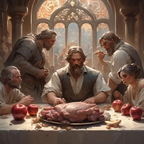 dwarf cookin,christ feast,holy supper,almsgiving,birth of christ,birth of jesus,the manger,fellowship,nativity of jesus,last supper,censers,christmas manger,nativity,nativity of christ,feasts,innkeeper,christmas dinner,the first sunday of advent,theed,struzan,Conceptual Art,Fantasy,Fantasy 01