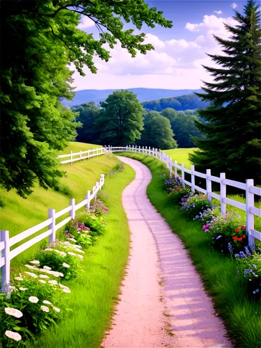 country road,white picket fence,pathway,landscape background,mackinac island,home landscape,fruitlands,winding road,rural landscape,countryside,green landscape,hiking path,walkway,rolling hills,railroad trail,maple road,greenways,chemin,backroad,vineyard road,Illustration,Realistic Fantasy,Realistic Fantasy 15