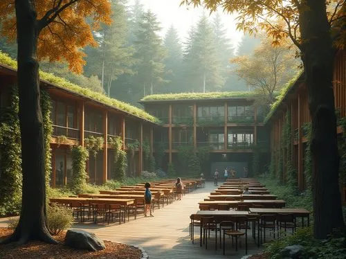 Middle school, forest setting, modern architecture, green roofs, wooden walls, large windows, natural light, outdoor classrooms, wooden desks, chairs, blackboards, trees surrounding, dense foliage, vi