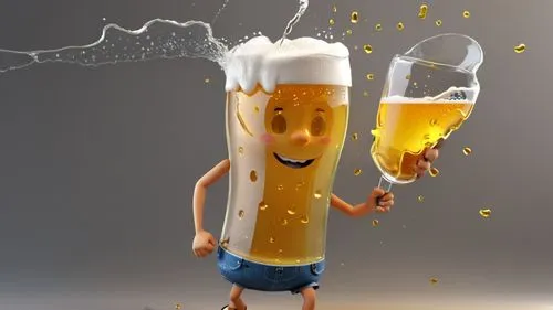 Beer glass breaks when it hits a wall ,an animated cartoon character holding up a large glass of beer,beer sausage,beermann,beerman,beer mug,beer pitcher,beercolumn,Unique,3D,3D Character