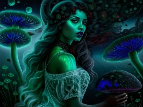 nude Beautiful nigerian girl, full dark curly hair, big green almond eyes, full black lips, misty sky,a digital painting of a girl next to some mushrooms,faerie,fairie,seelie,faery,blue enchantress,dr