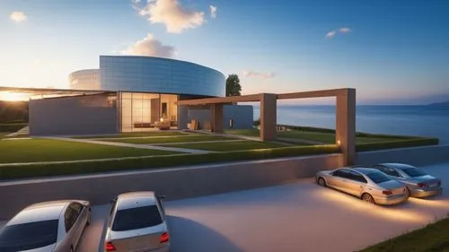 this large modern house has two cars parked in front,3d rendering,modern house,smart home,smart house,modern architecture,render,electrohome,renderings,cubic house,landscape design sydney,cleantech,so