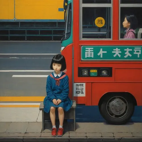 bus stop,red bus,busstop,bus,mari makinami,koreeda,Illustration,Realistic Fantasy,Realistic Fantasy 08