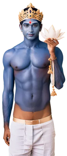 Krishna, Indian god, blue skin, crown, gold jewelry, white dhoti, bare chest, muscular arms, holding conch shell, lotus flower, peaceful expression, soft focus, warm lighting, shallow depth of field, 