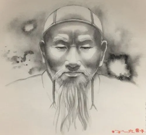 an artist drawing a face with ink on paper,laozi,zhaolin,mengzi,jianfei,zhenghe,rongfeng,Illustration,Paper based,Paper Based 30