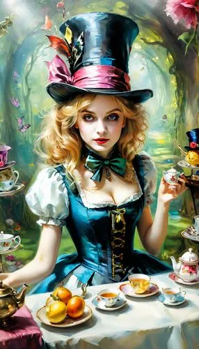 alice in wonderland,tea party,tea party collection,tea party cat,alice,high tea,tea service,afternoon tea,wonderland,crème de menthe,woman with ice-cream,victorian lady,hatter,tea time,doll kitchen,girl in the kitchen,fairy tale character,waitress,magician,porcelaine,Illustration,Paper based,Paper Based 11