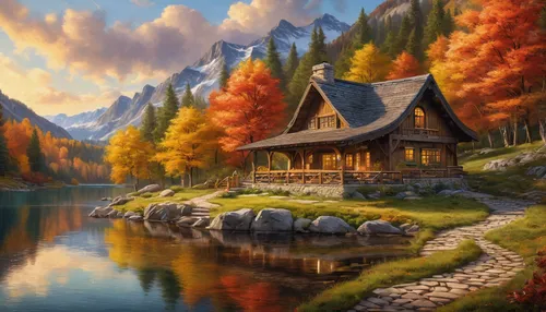 autumn landscape,autumn idyll,house in mountains,fall landscape,autumn background,autumn mountains,autumn scenery,home landscape,house in the mountains,house with lake,cottage,the cabin in the mountains,autumn camper,summer cottage,landscape background,fantasy landscape,autumn theme,house in the forest,autumn day,log cabin