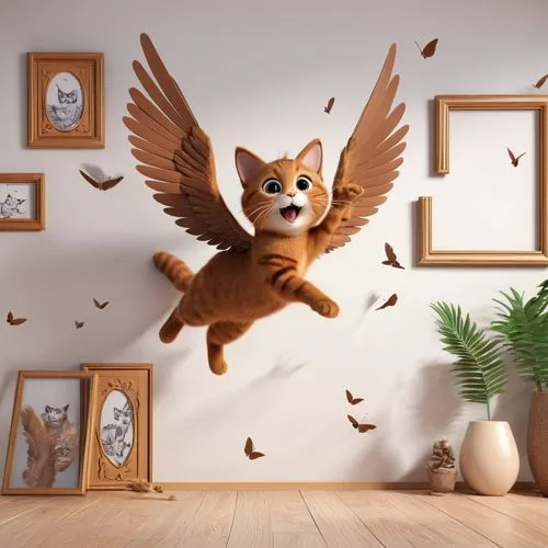 cat vector,taxidermy,cat frame,cardboard background,flying dog,flying girl,Unique,3D,3D Character