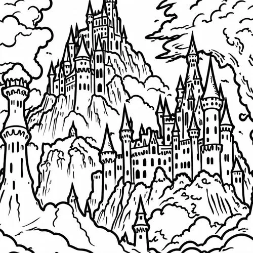 coloring pages,coloring page,hogwarts,castles,fairy tale castle,tirith,spires,diagon,gondolin,knight's castle,castle of the corvin,wizarding,castle,fantasy city,fairytale castle,coloring pages kids,di