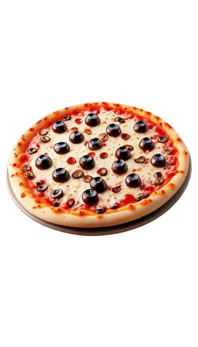 Cartoon pizza, colorful, rounded crust, melted mozzarella cheese, red tomato sauce, various toppings (pepperoni, mushrooms, olives), steam rising, glossy texture, bright lighting, 3/4 composition, sha