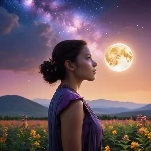 expansive landscape photograph , (a view from below that shows sky above and open field below), a girl standing on flower field looking up, (full moon:1.2), ( shooting stars:0.9), (nebula:1.3), distan