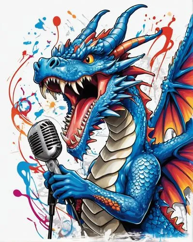 blue dragon sings to the microphone. White background,maguana,dragao,beatboxer,singer,singing,wireless microphone,cantante,crooned,crooning,darragon,microphone,mic,vocal,sing,dragados,vocalisations,ti